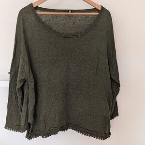 J. Crew Womens XL Scoop Neck 100% Linen Sweater w Trim Olive Green Lightweight